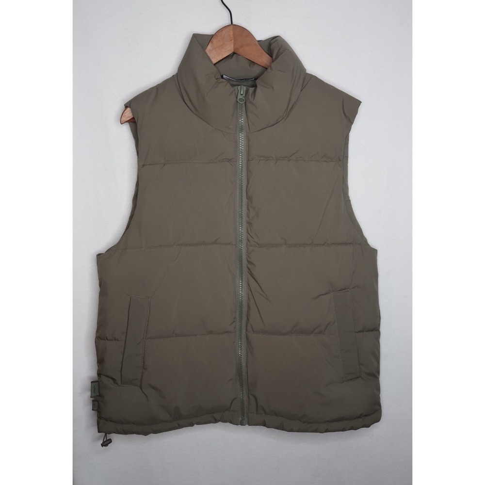 Zara Olive Green Puffer Vest Womens Medium High Collar Zip Pockets Utility EUC